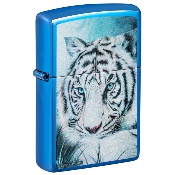 Зажигалка ZIPPO Белый тигр с глянцевым синим покрытием | White Tiger High Polish Blue, латунь/сталь, синяя, глянцевая, 38x13x57 мм