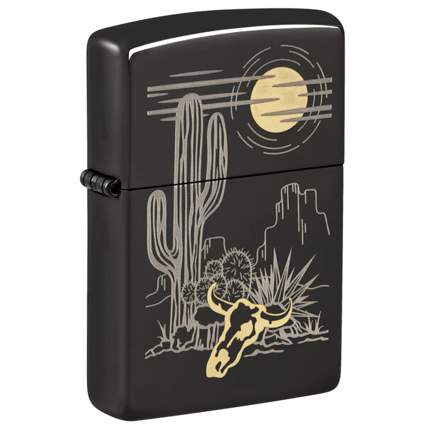 Зажигалка ZIPPO Дикий запад с черным глянцевым покрытием | Western High Polish Black, латунь/сталь, черная, глянцевая, 38x13x57 мм