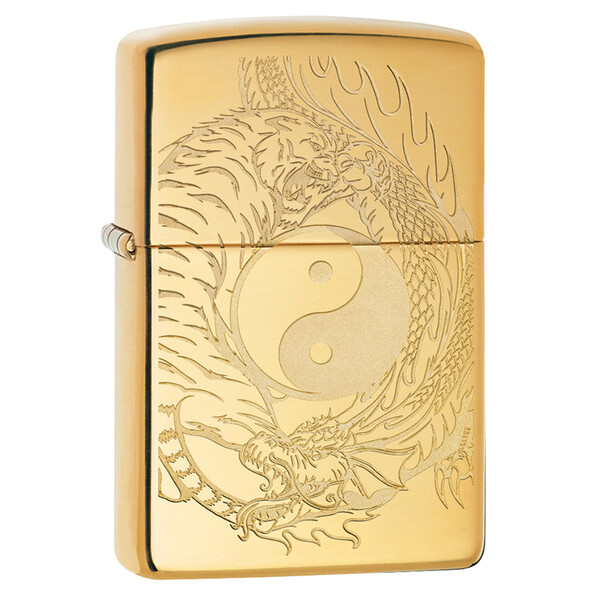 Зажигалка ZIPPO Тигр и дракон с покрытием Глянцевая латунь | Tiger and Dragon High Polish Brass, латунь/сталь, золотистая, 38x13x57мм