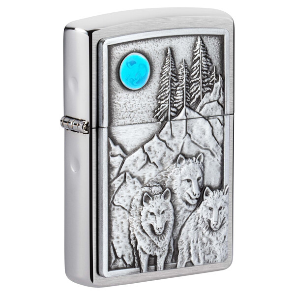 Зажигалка ZIPPO Волки с покрытием матовый хром | Wolf Design Brushed Chrome, латунь/сталь, серебристая, 38x13x57 мм