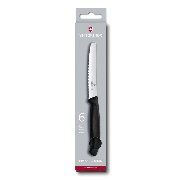 Набор из 6 столовых ножей VICTORINOX SwissClassic, 11 см, волнистая кромка, чёрная рукоять