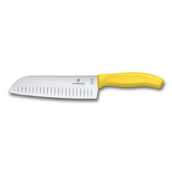 Нож сантоку VICTORINOX SwissClassic, рифлёное лезвие 17 см, жёлтый, в картонном блистере