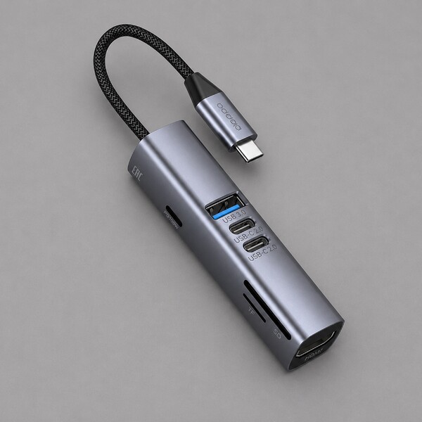 USB-хаб 7 в 1 USB-C - USB-A3.0 + 2хUSB-C + USB-C PD100Вт + HDMI + SD + microSD, серый, Deppa