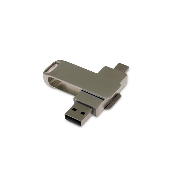 USB 2.0- флешка на 16 Гб поворотный механизм 2 в 1, c дополнительным разъемом Type-C с одноцветным металлическим клипом, серый