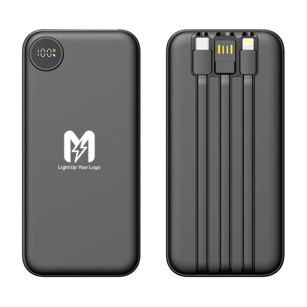 Зарядное устройство "Форт" 10000 mAh с подсветкой логотипа, встроенными кабелями и цифровым индикатором заряда