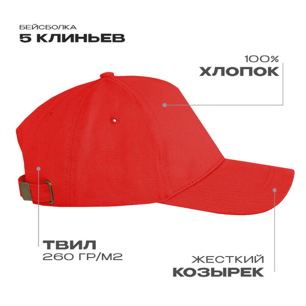 Бейсболка STAN 5 клиньев хлопок 260, 12, Красный,  (14)  (56-58/ONE SIZE)