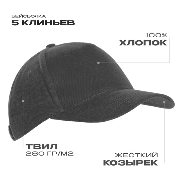 Бейсболка STAN 5 клиньев хлопок 280, 03, Тёмно-серый,  (100/1)  (56-58)