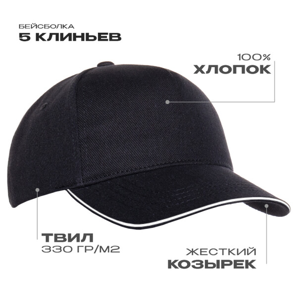 Бейсболка с кантом STAN 5 клиньев хлопок 330, 04, Чёрный,  (20)  (56-58)