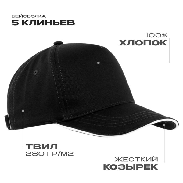 Бейсболка с кантом STAN 5 клиньев хлопок 280, 14, Чёрный,  (20)  (56-58)